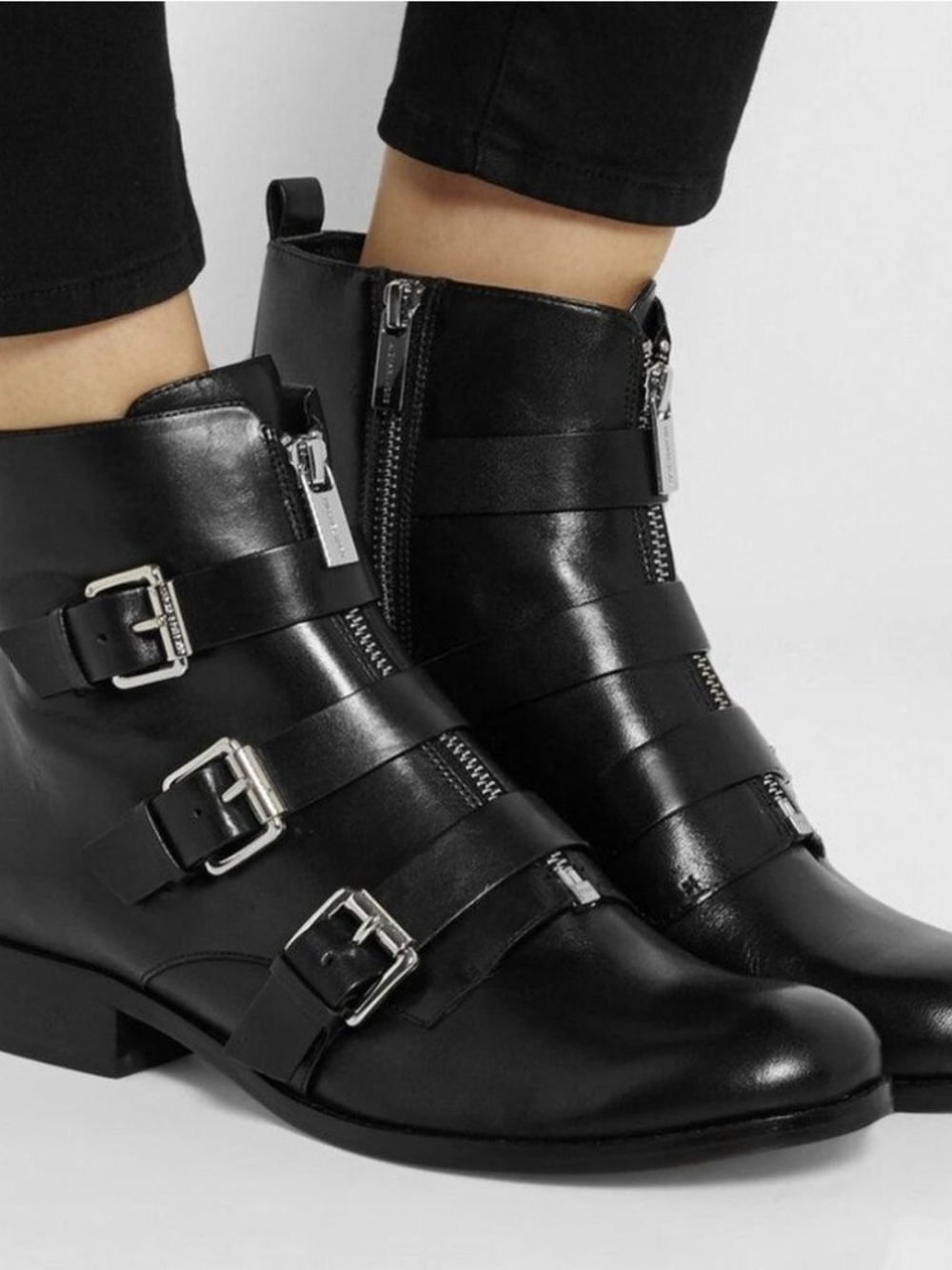Michael Kors Black Leather Buckle Zip Ankle Boots